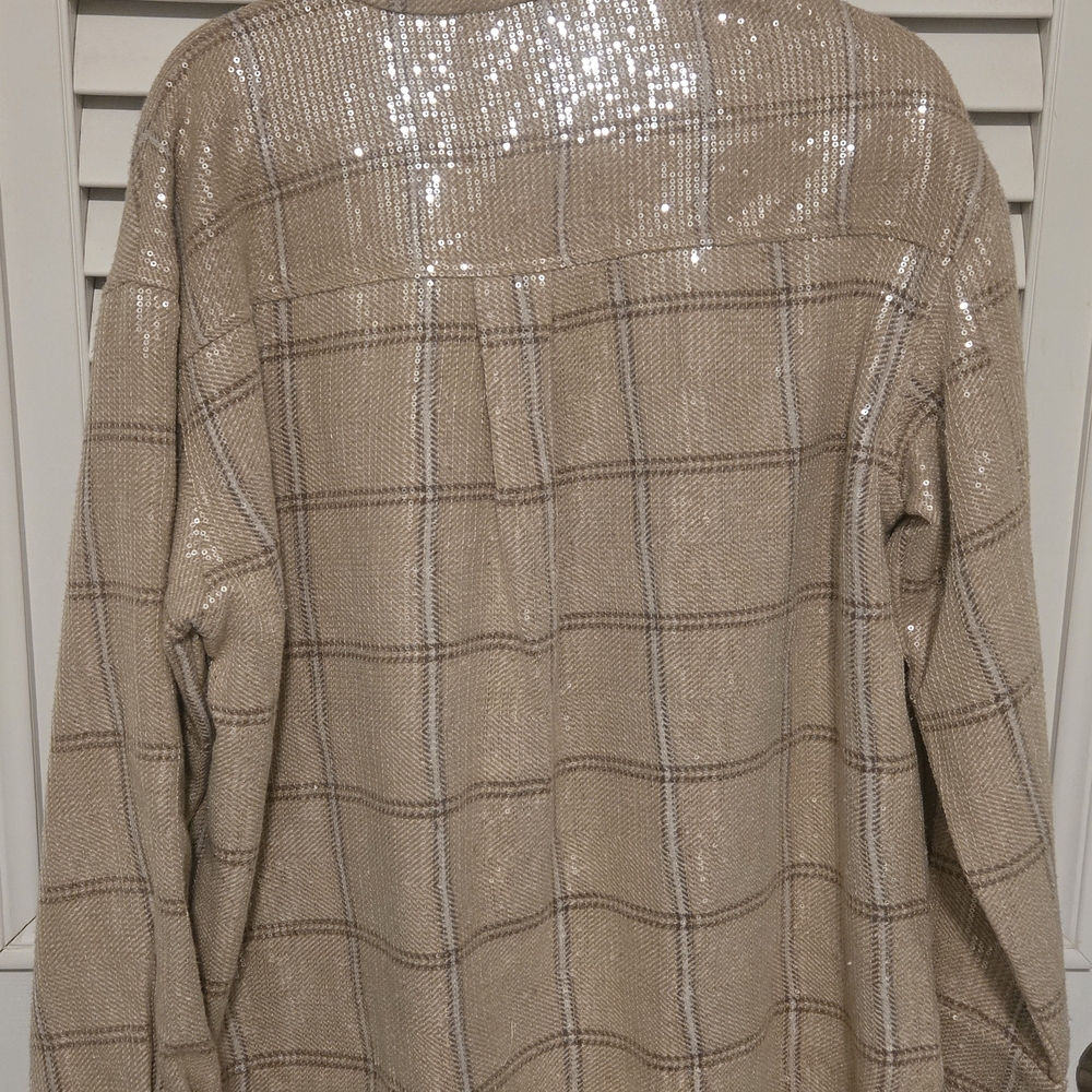 Miss Me Shimmering Sequin Beige Plaid Shacket - Picture 3 of 5